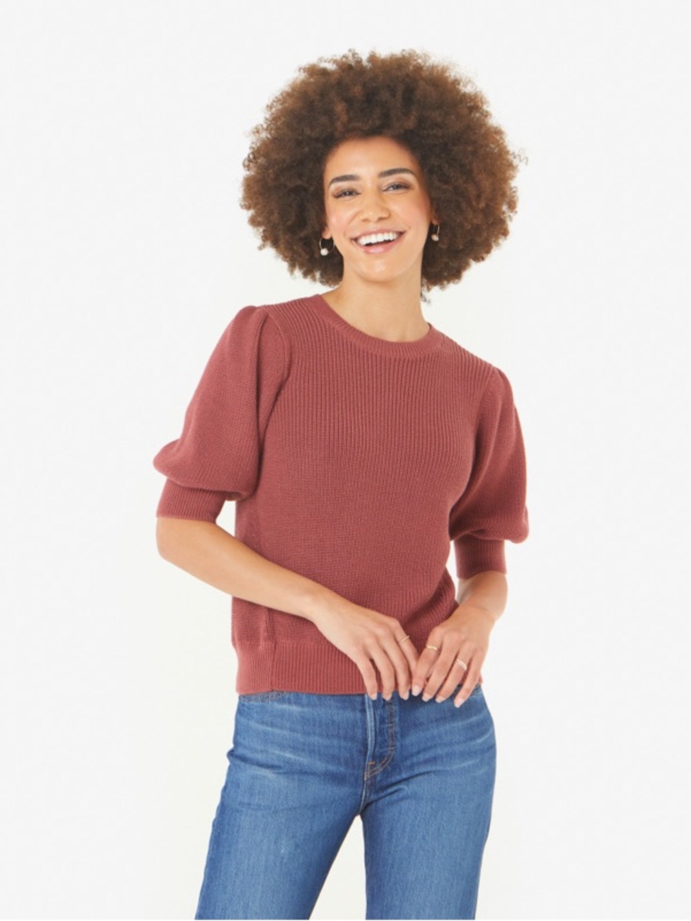 Pullover Puff-Sleeve Knit Sweater - Rust